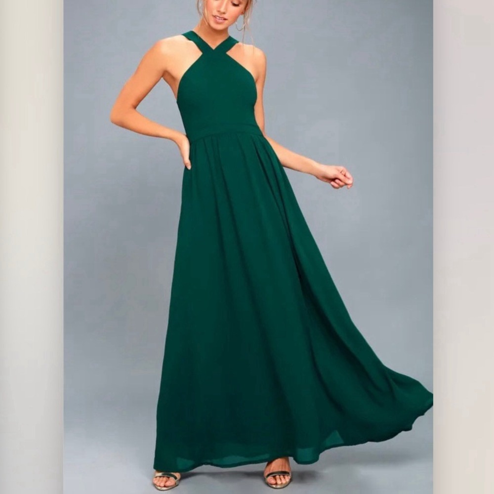 Lulus Air of Romance Forest Green Halter Gown Maxi Dress Size LARGE